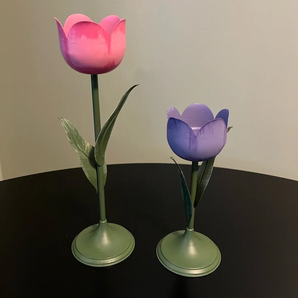 Set of 2 Metal Tulip Candle Holders Pink Purple Flowers Green Stem & Leaves - Picture 1 of 6
